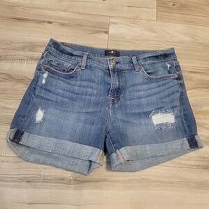 7 For All Mankind Mid Roll Shorts Womens 30 Blue Distressed Denim Stretch